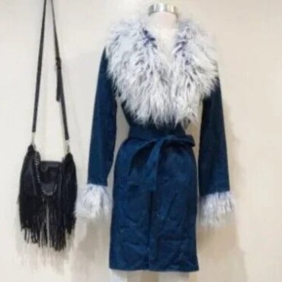 💋GORG!💋LIMITED EDITION FAUX MONGOLIAN FUR COLLAR GLITTERY DENIM AFGHAN COAT - Picture 2 of 16